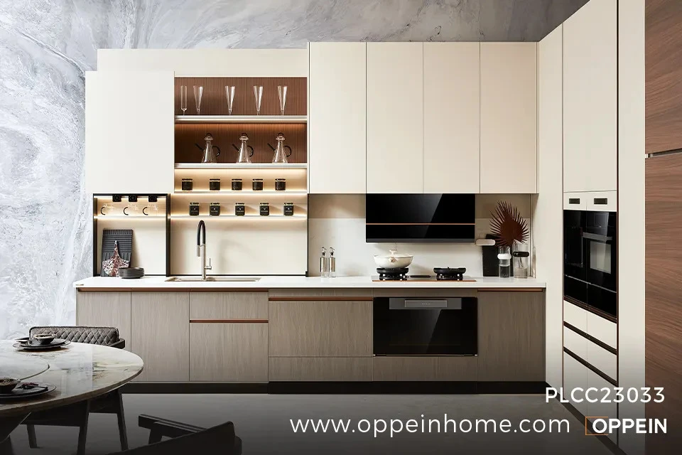 Modern Minimalist Beige Handleless Kitchen Cabinets for Sale - PLCC23033