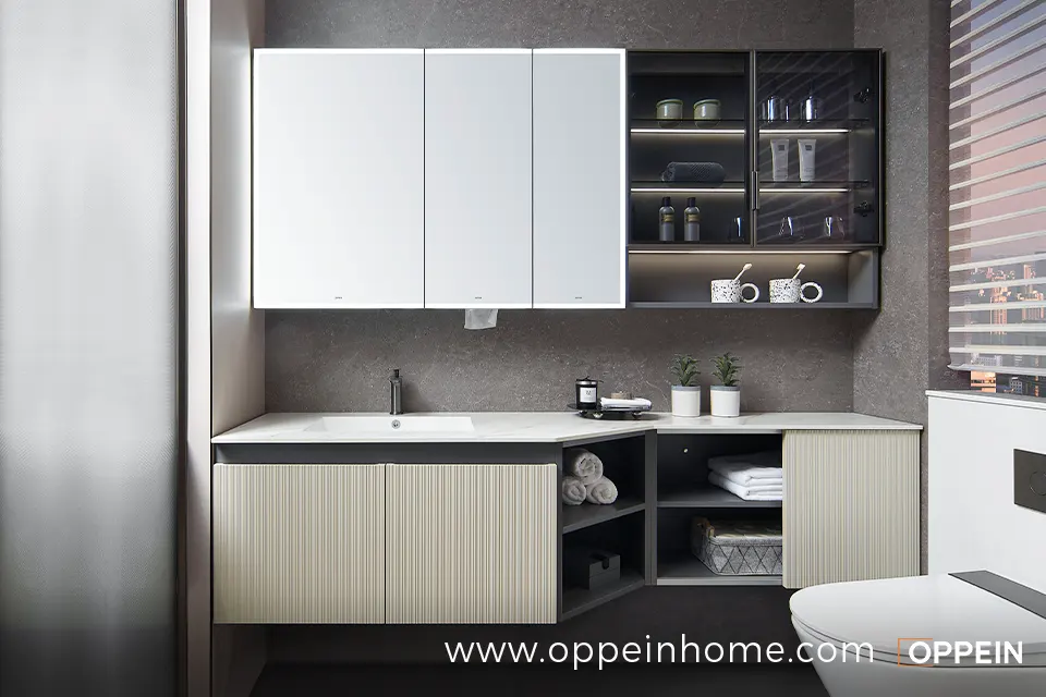 Modern Beige Fluted Bathroom Vanity with Grey Open Cabinets