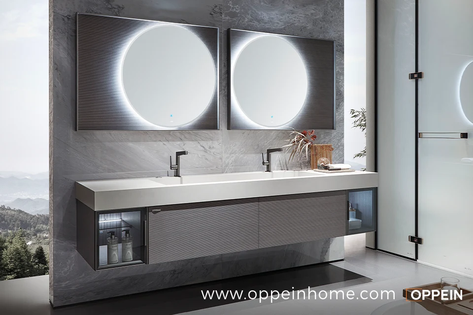 Modern Floating Grey Wood Veneer Bathroom Vanity