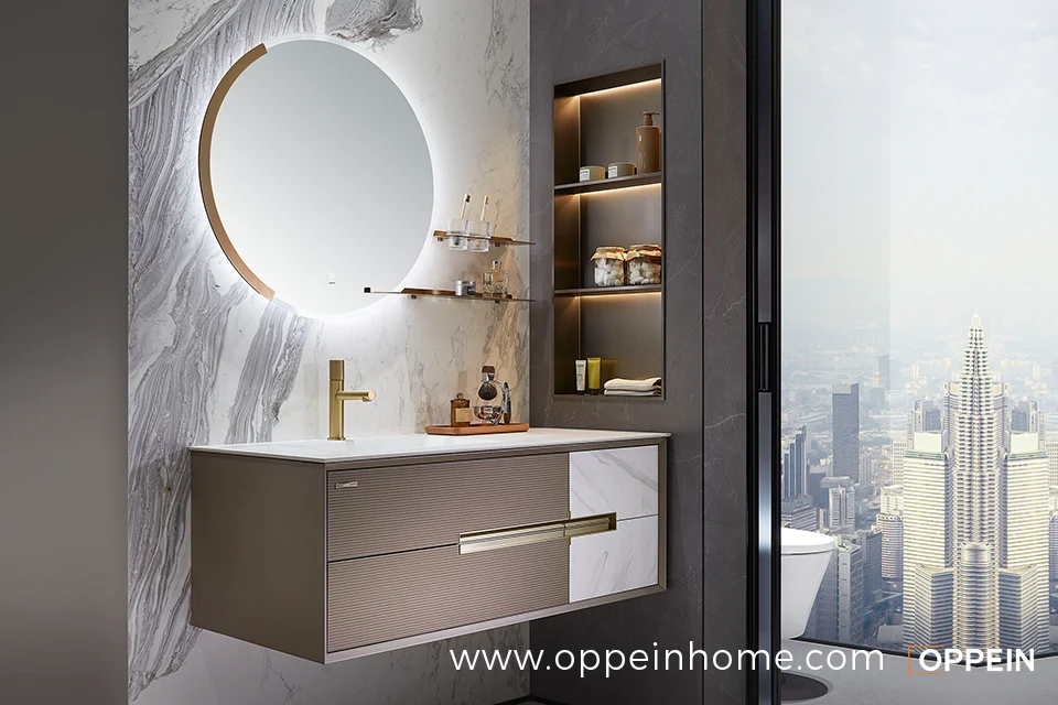 Modern Wall-Mounted Brown Bathroom Vanity with White Top