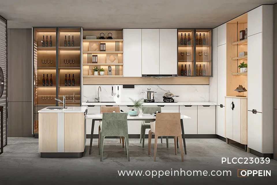 Modern White Kitchen Cabinets with Wood Accents - BROCADE